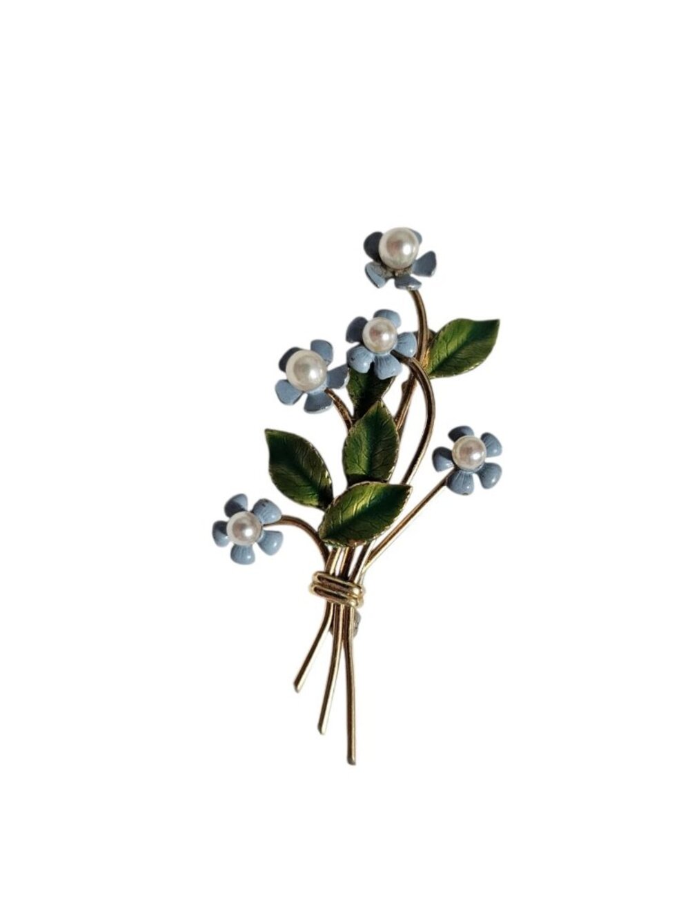 Krementz Gold Filled Pearl Brooch Enamel Forget Me Not Flower Bouquet 1940s